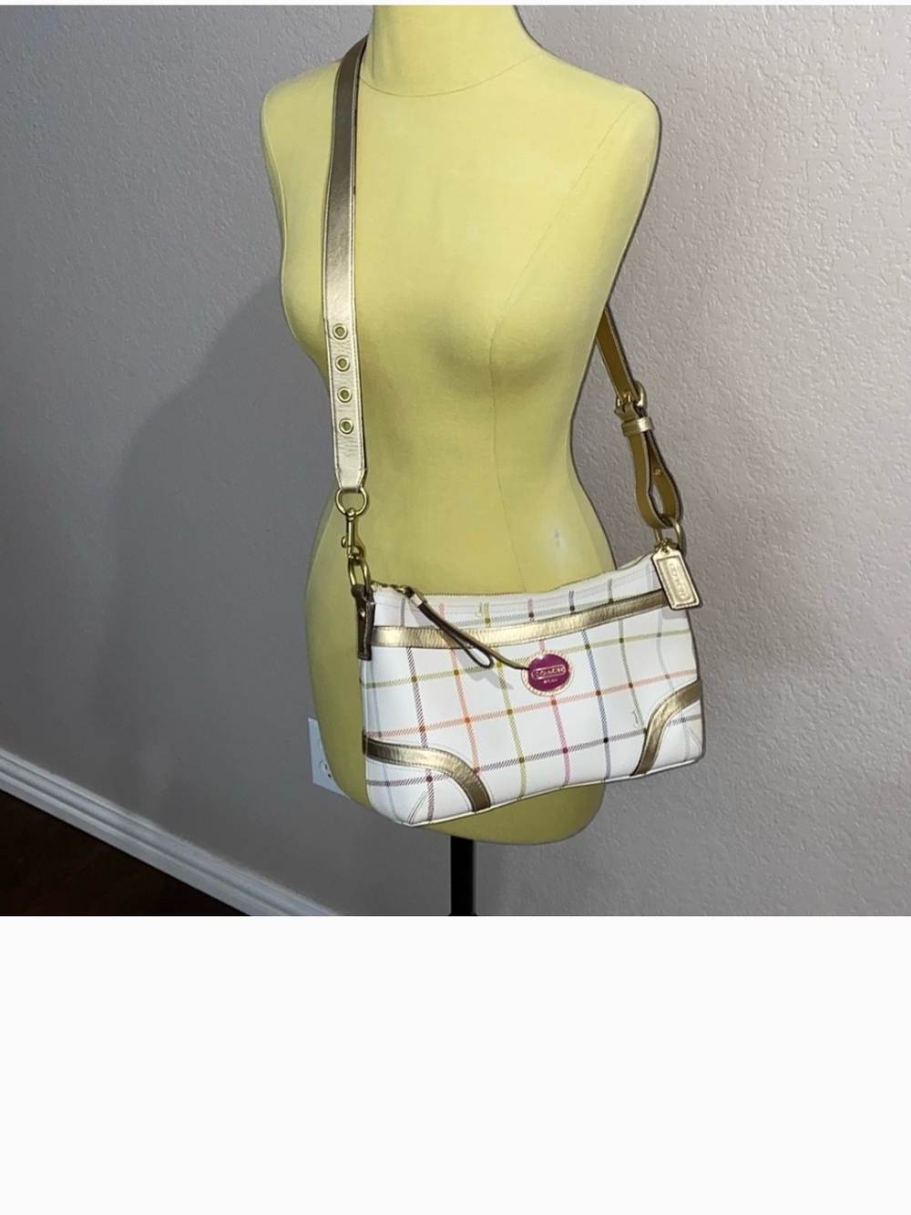 Coach Peyton Tattersall Multicolor Plaid Coated Canvas With Gold Trim Purse